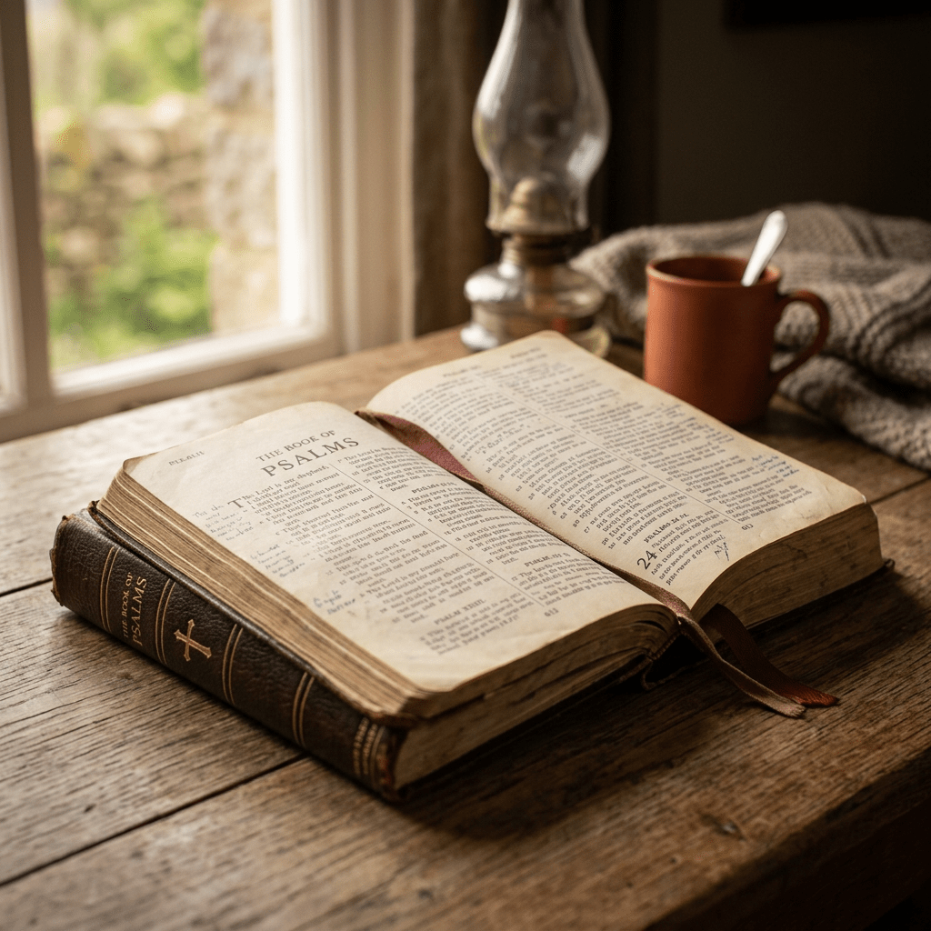 Open Bible on wooden table showing the Book of Psalms with a mug, spoon, knitted cloth, and oil lamp in the background