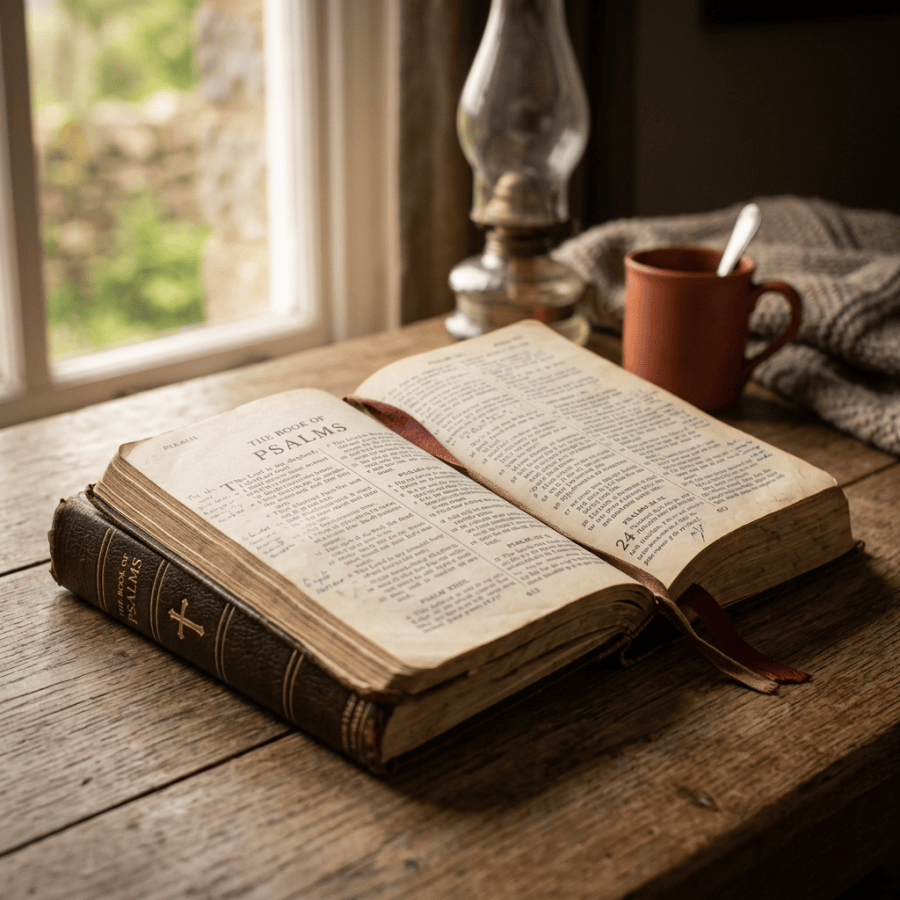 Open Bible on wooden table showing the Book of Psalms with a mug, spoon, knitted cloth, and oil lamp in the background