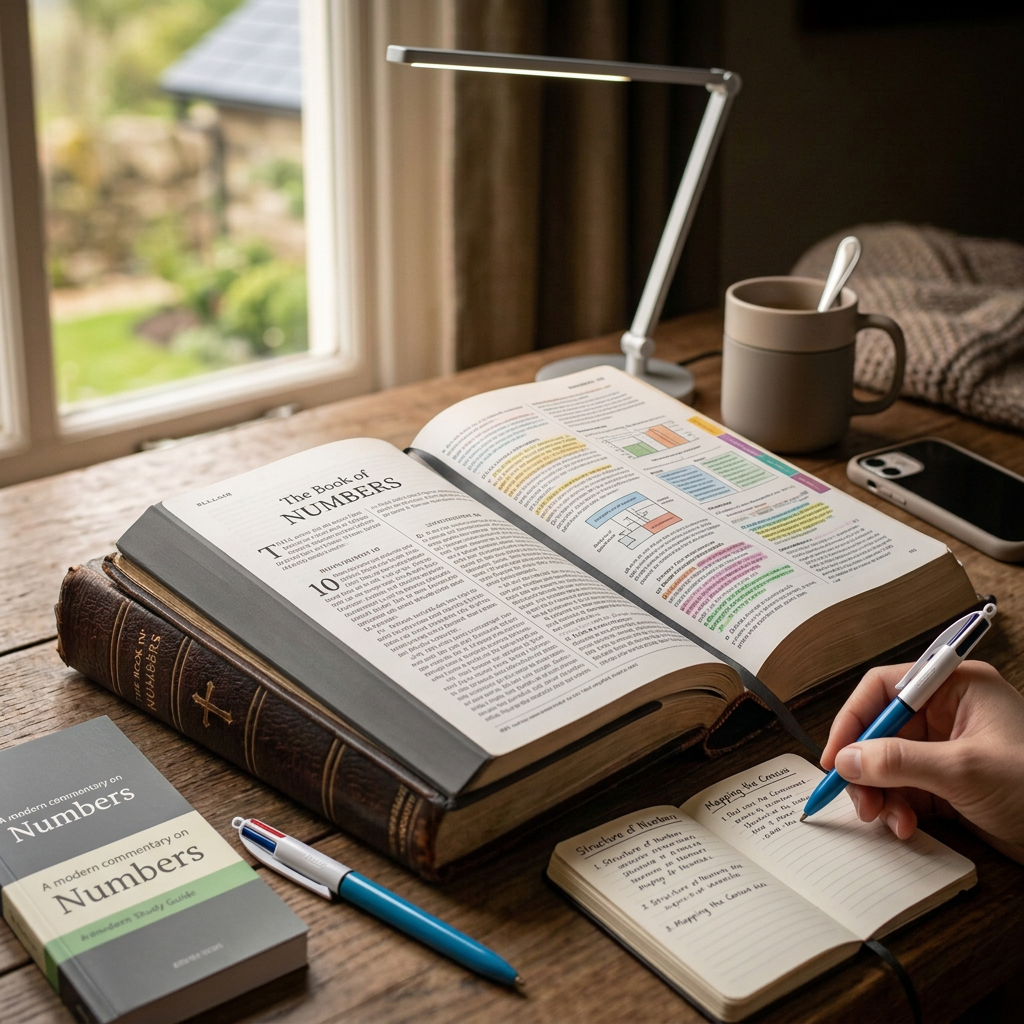 Open Bible on wooden table showing the Book of Psalms with a mug, spoon, knitted cloth, and oil lamp in the background